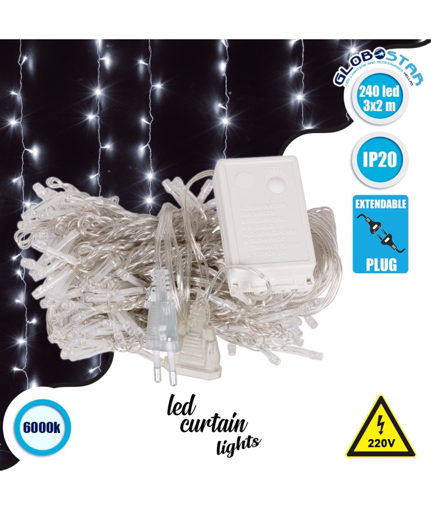 85801 Διακοσμητική Κουρτίνα 3 x 2 Μέτρα με Controller 8 Προγραμμάτων Φωτισμού - Επεκτεινόμενη 240 LED 6W AC 230V με Διάφανο Καλώδιο & Πρίζα Schuko IP20 Ψυχρό Λευκό 6000K Μ3 x Υ2m